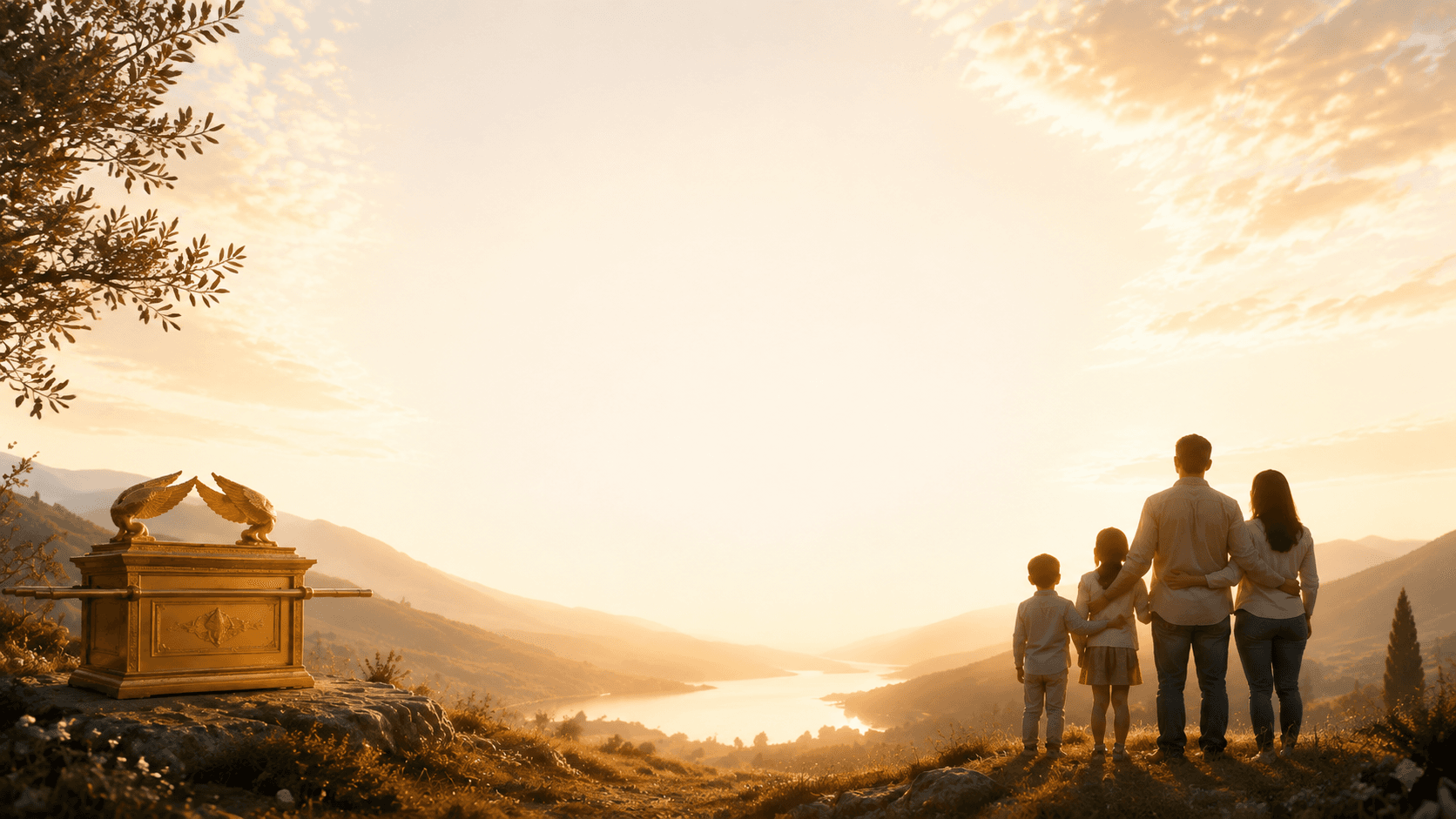 The Ark of the Covenant beside a family overlooking a valley at golden hour